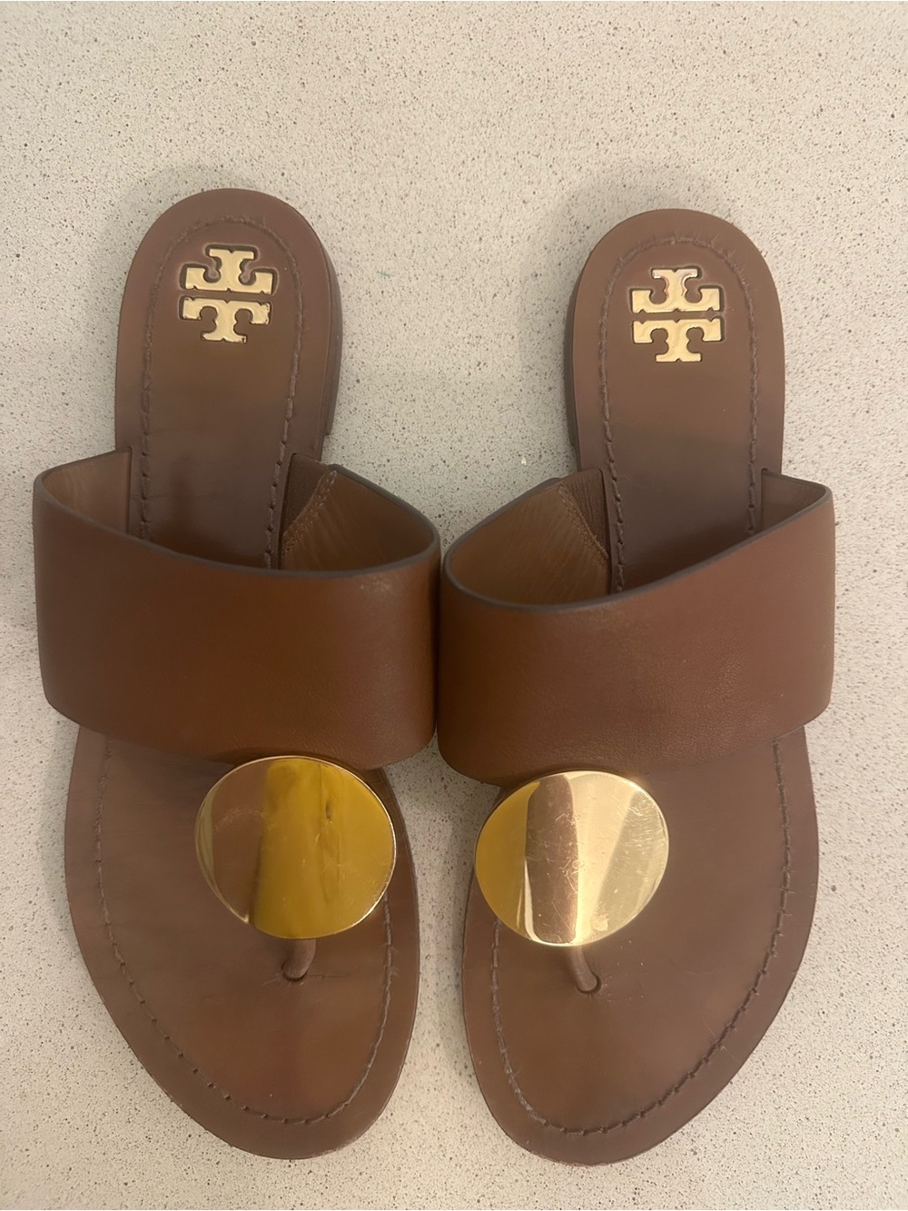Tory Burch Brown Leather Gold Logo Flat Sandals Women’s Size 8.5